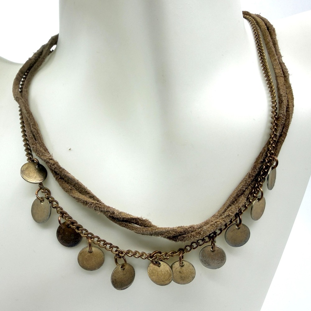 Boho Coin Charm Layered Necklace Brown Suede Cord Festival Gypsy Style Jewelry